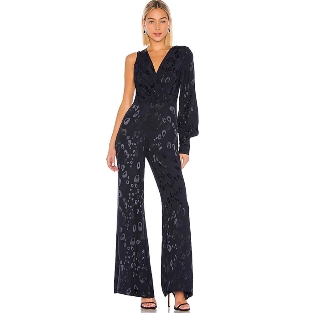 Alexis Naoki Leopard Print Jumpsuit Navy Blue Small Wide Leg Formal Cocktail